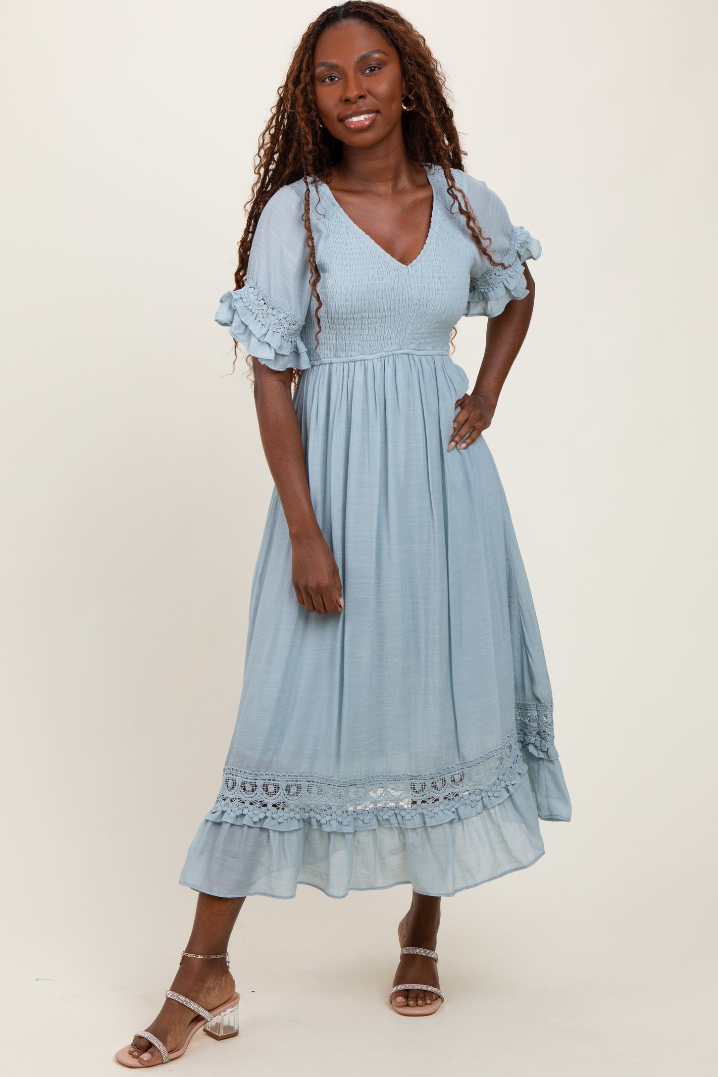 Light Blue Smocked Crochet Ruffle Trim Midi Dress