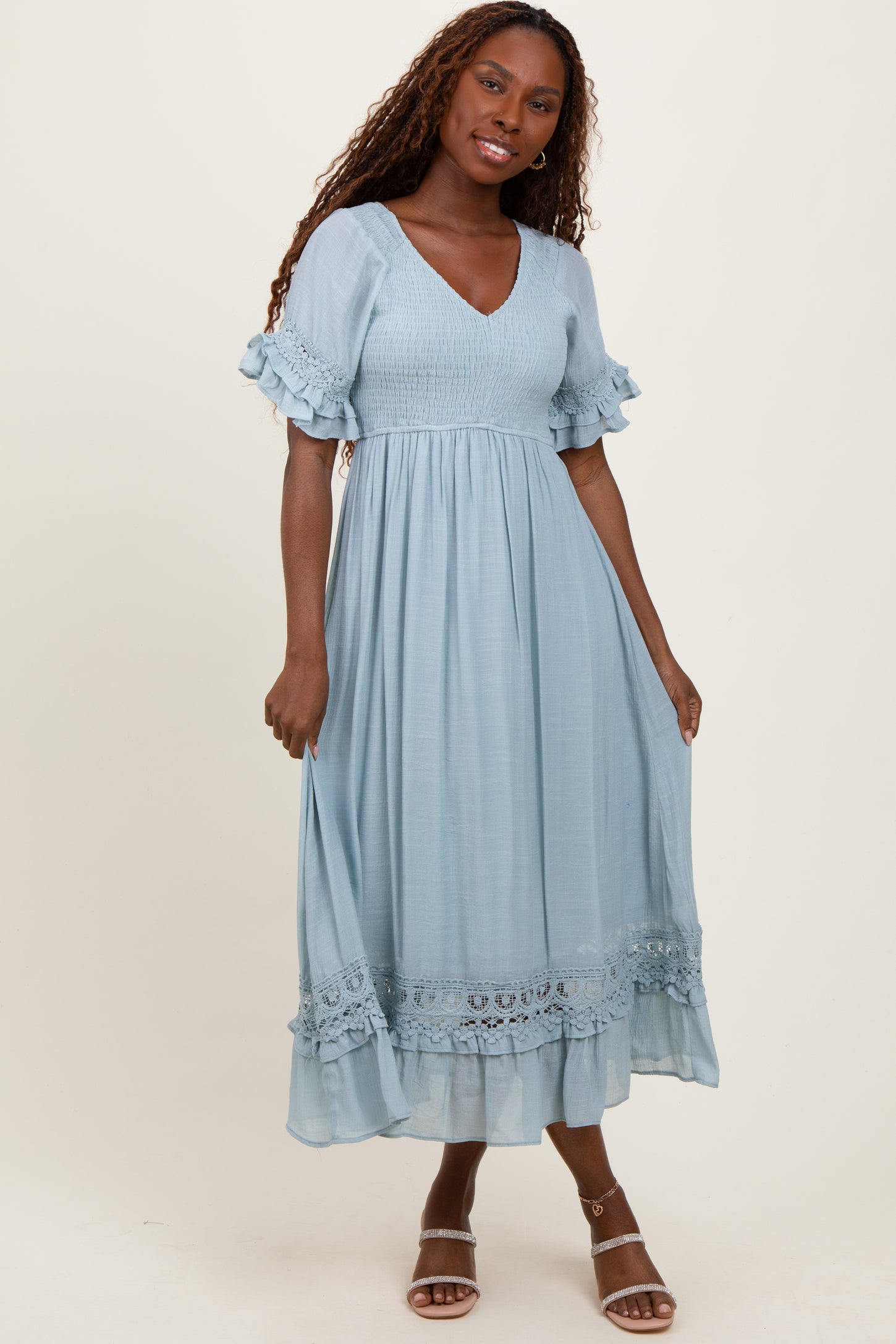 Light Blue Smocked Crochet Ruffle Trim Midi Dress