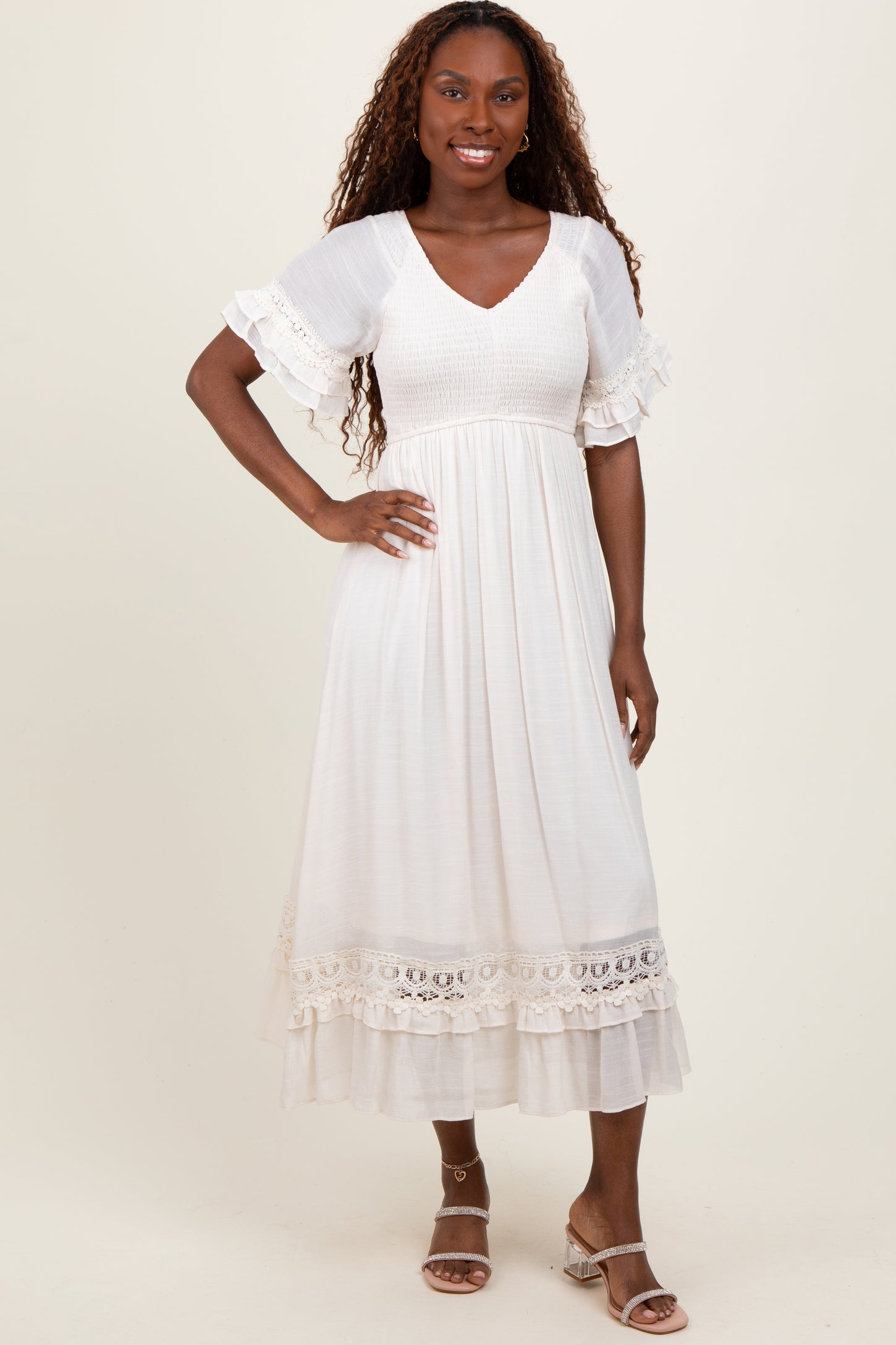 Cream Smocked Crochet Ruffle Trim Midi Dress