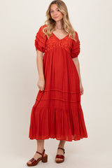 Rust Crochet Detail Bodice Maternity Midi Dress