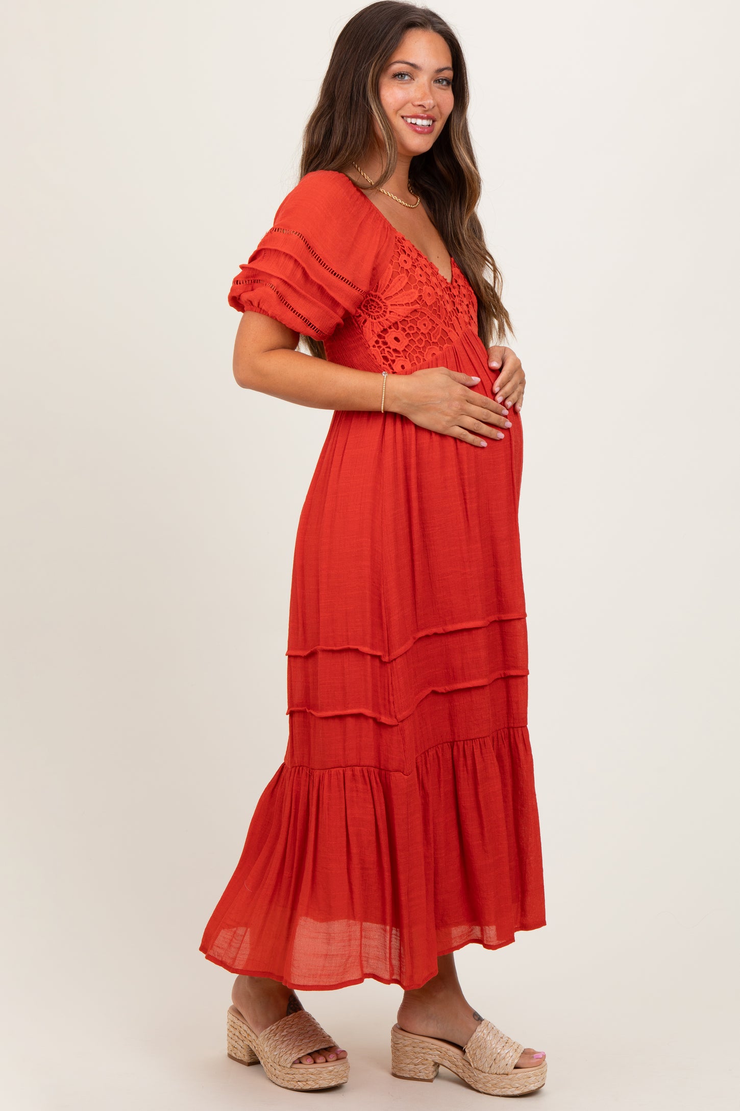 Rust Crochet Detail Bodice Maternity Midi Dress