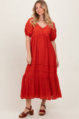 Rust Crochet Detail Bodice Midi Dress