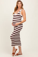 Brown/ Cream Knit Striped Fitted Maternity Maxi Dress
