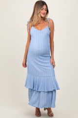 Blue Textured Shoulder Tie Layered Hem Maternity Maxi Dress