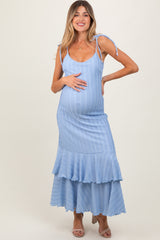 Blue Textured Shoulder Tie Layered Hem Maternity Maxi Dress
