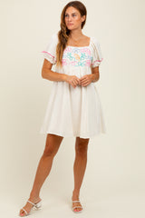Cream Embroidered Cotton Gauze Mini Dress