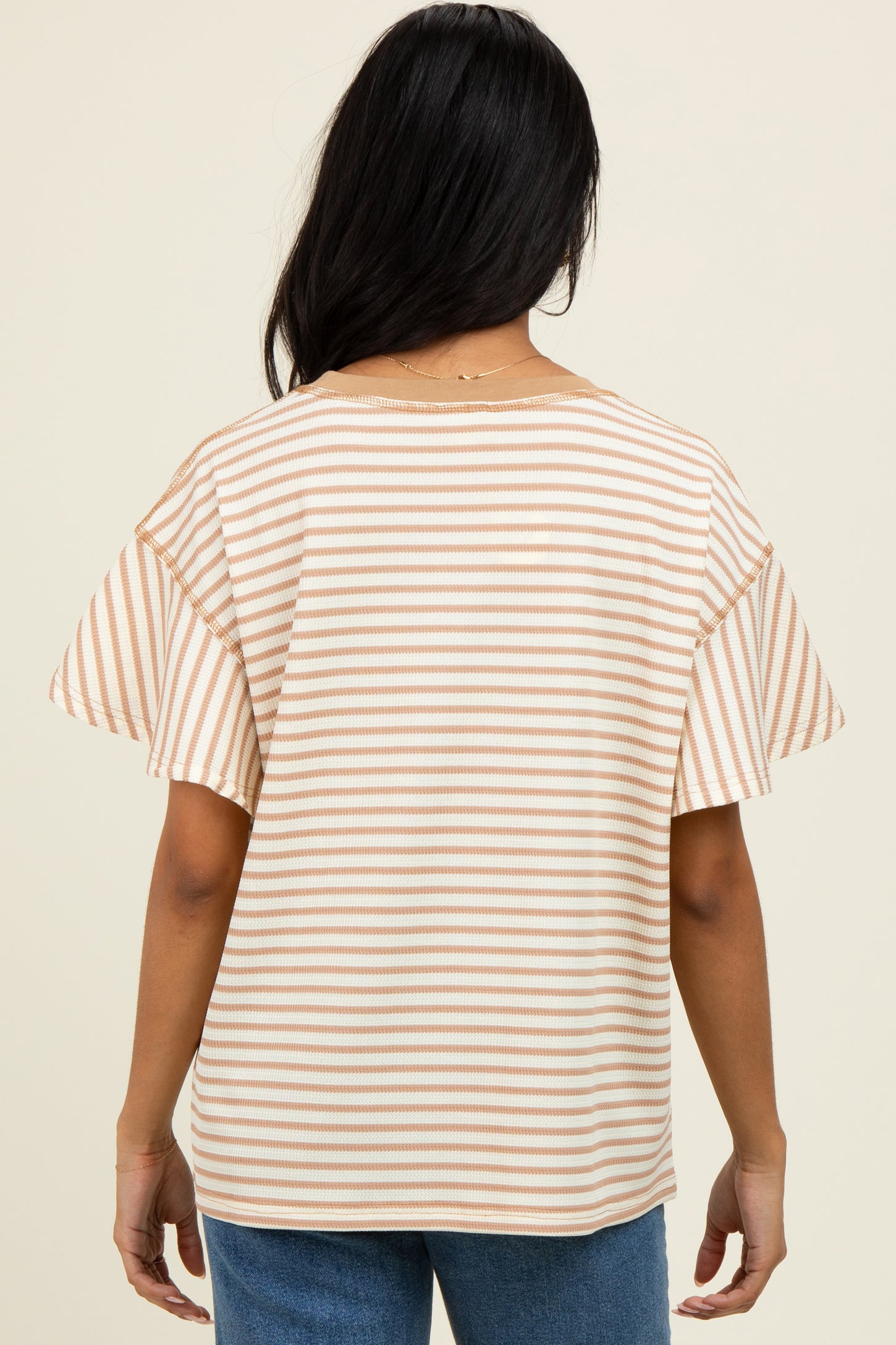 Light Taupe Striped Ribbed Relaxed Short Sleeve Top
