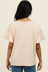 Light Taupe Striped Ribbed Relaxed Short Sleeve Top