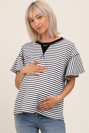 Black Striped Ribbed Relaxed Short Sleeve Maternity Top