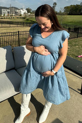 Blue Flutter Sleeve Tiered Maternity Dress