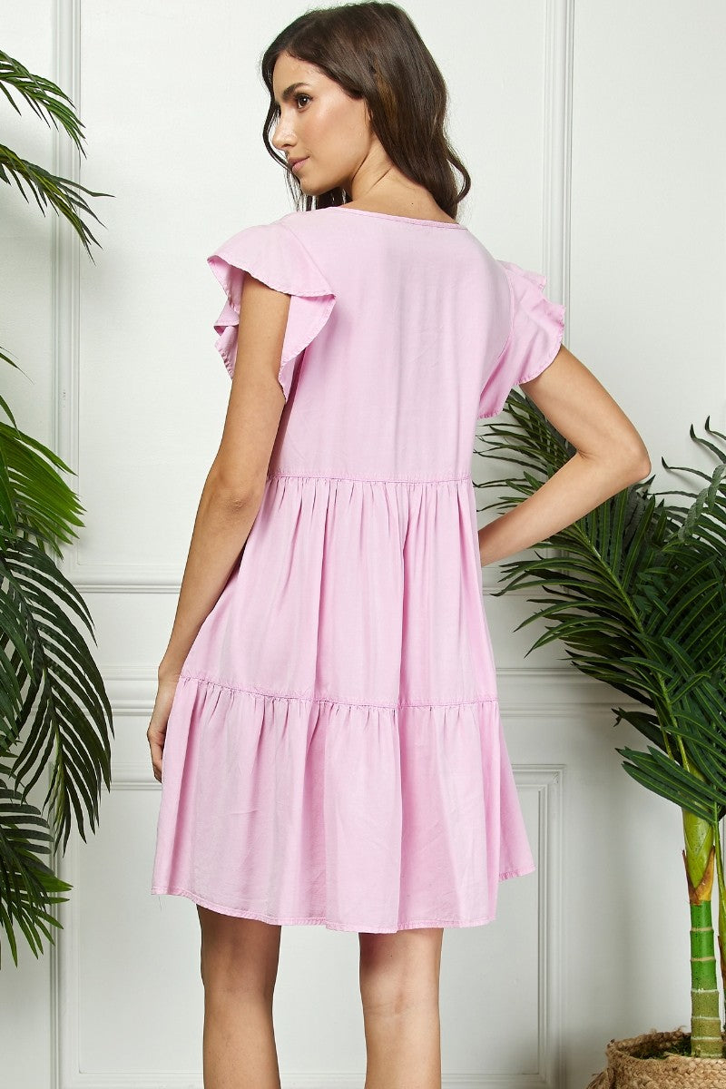 Light Pink Flutter Sleeve Tiered Dress