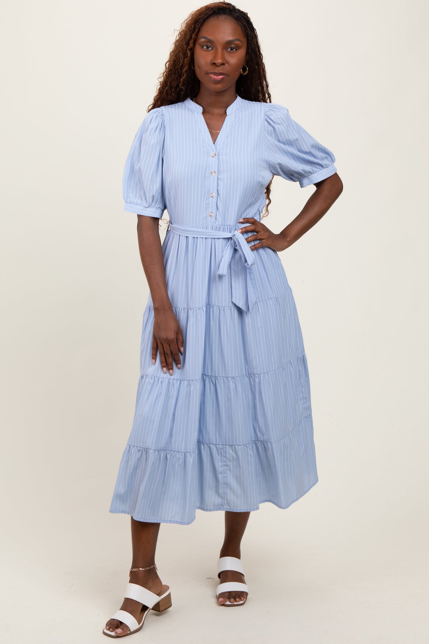 Light Blue Striped Button Up Tiered Maternity Maxi Dress