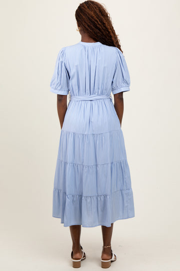 Light Blue Striped Button Up Tiered Maxi Dress