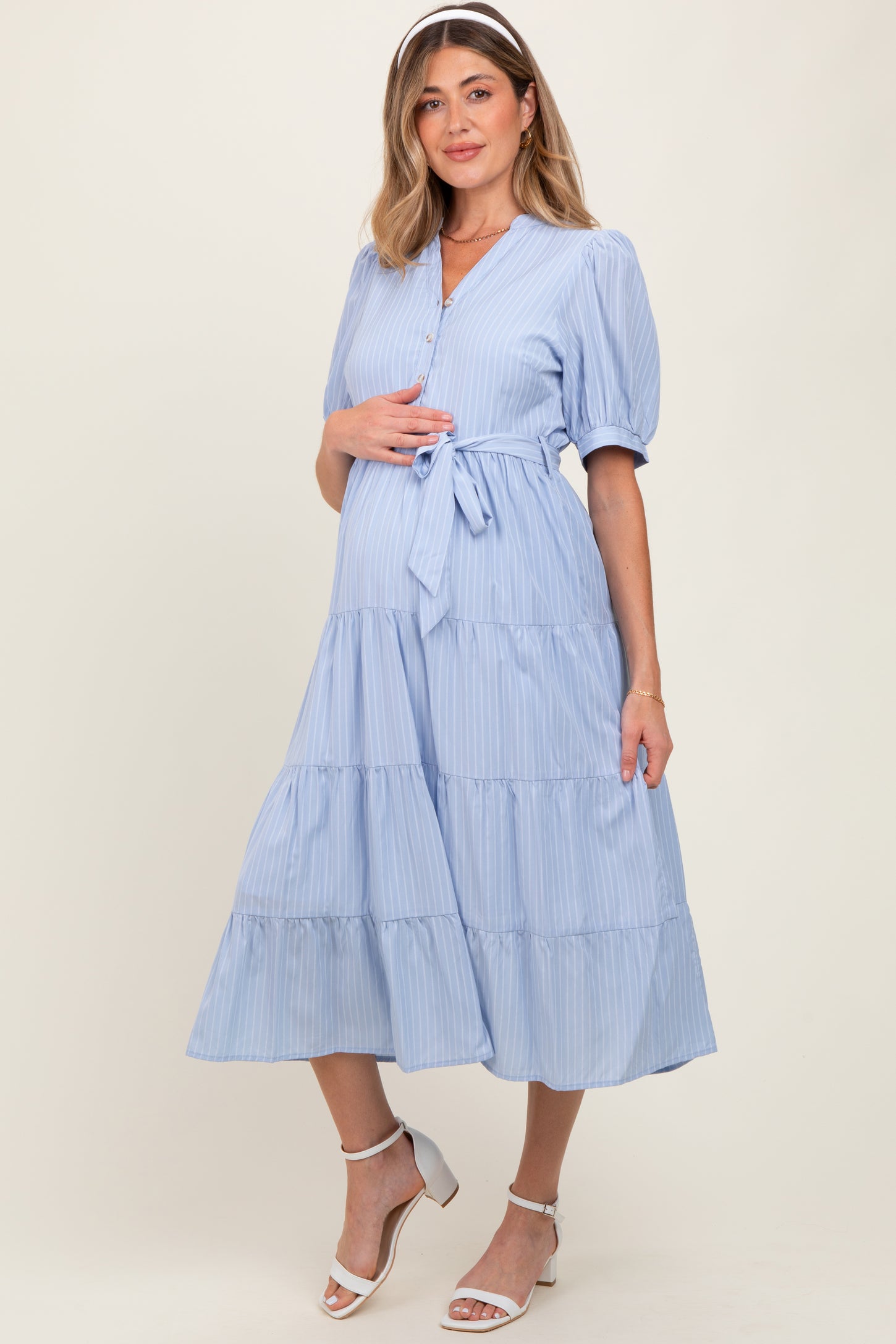 Light Blue Striped Button Up Tiered Maternity Maxi Dress