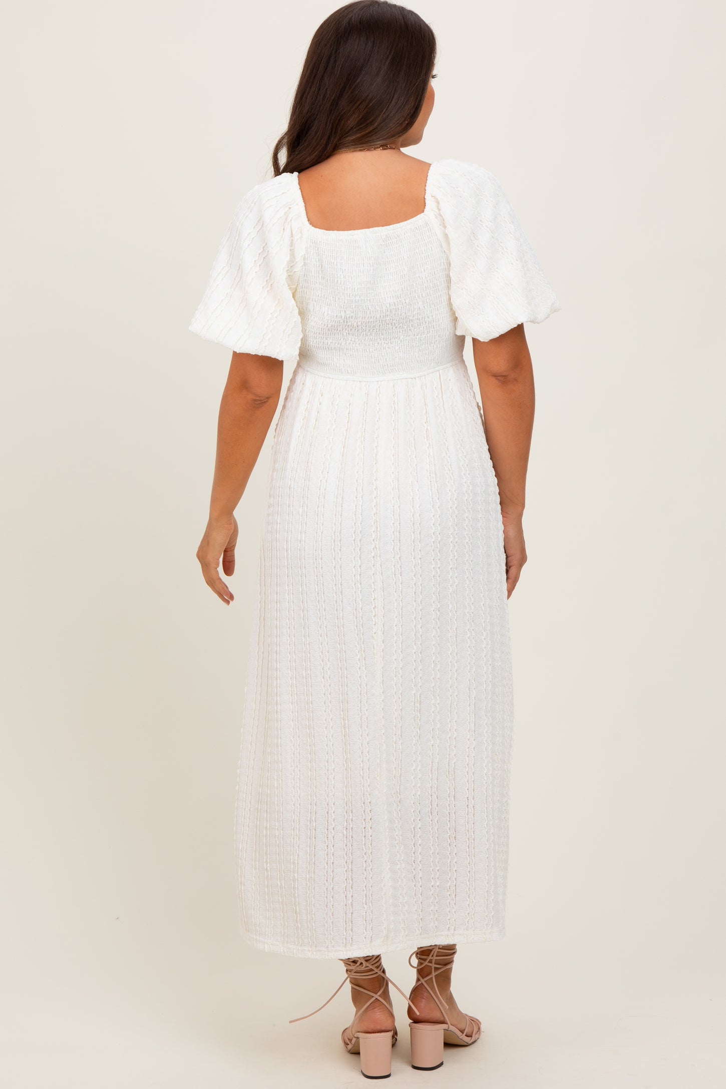 Cream Smocked V-Neck Short Puff Sleeve Textured Maternity Midi Dress