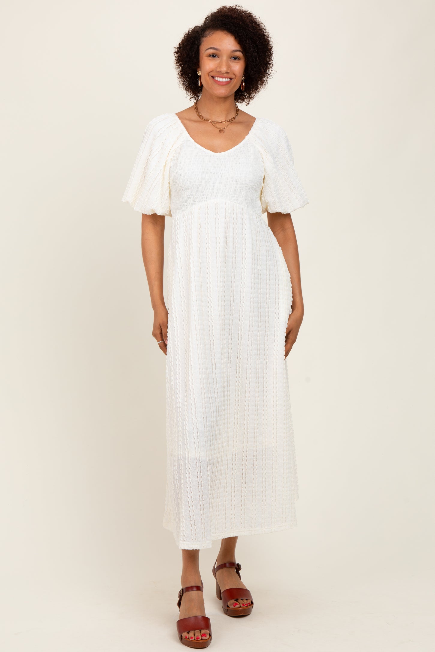 Cream Smocked V-Neck Short Puff Sleeve Textured Maternity Midi Dress