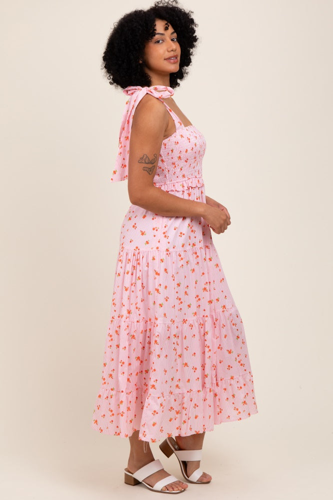 Light Pink Floral Striped Smocked Shoulder Tie Maxi Dress