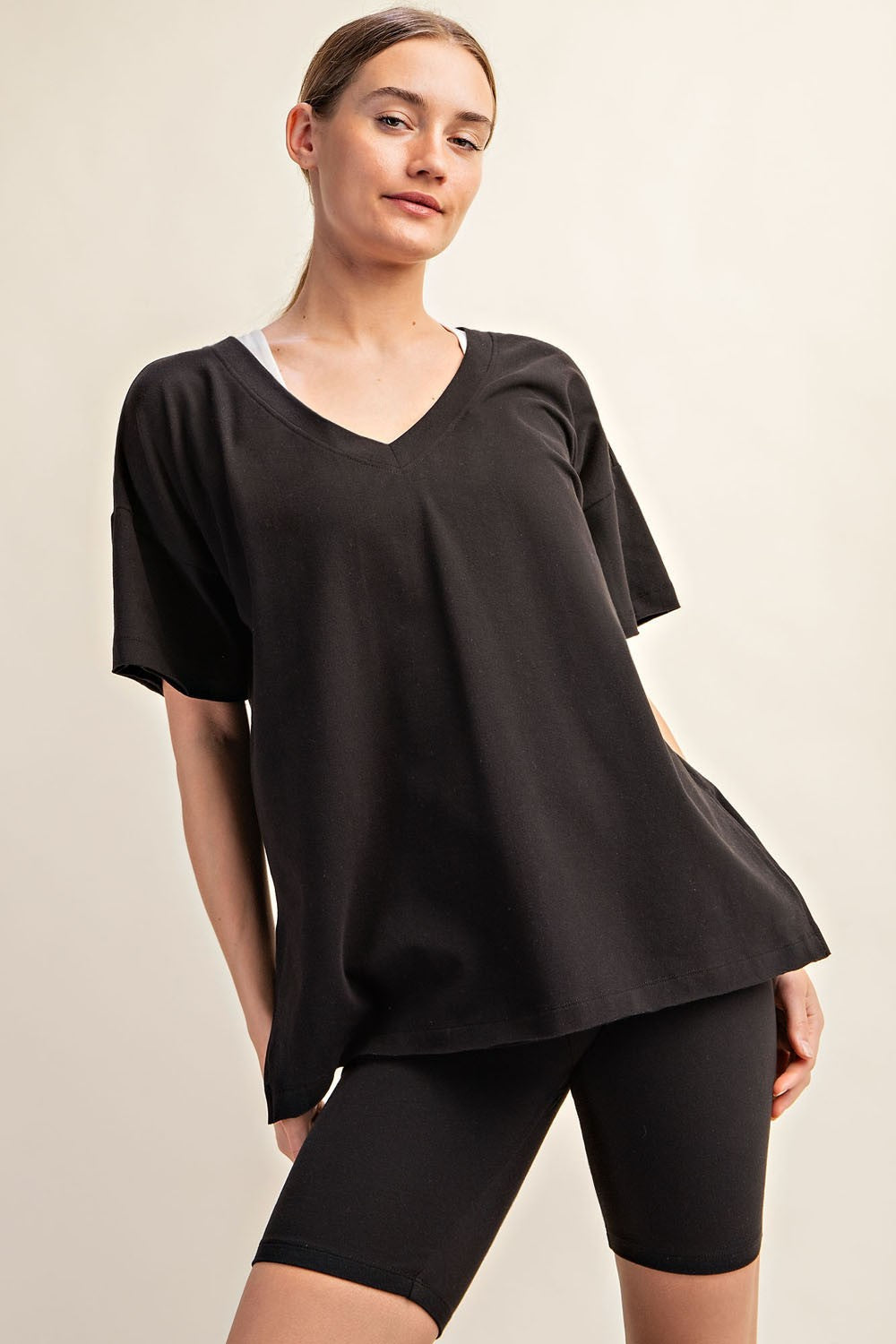 Black Oversized V-Neck Side Slit Maternity Tee