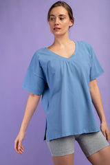 Blue Oversized V-Neck Side Slit Maternity Tee
