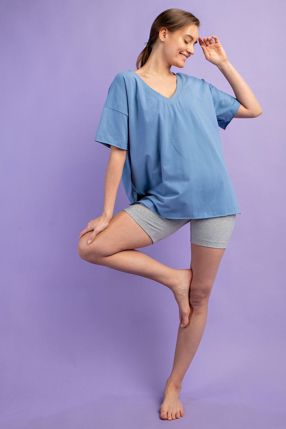 Blue Oversized V-Neck Side Slit Tee