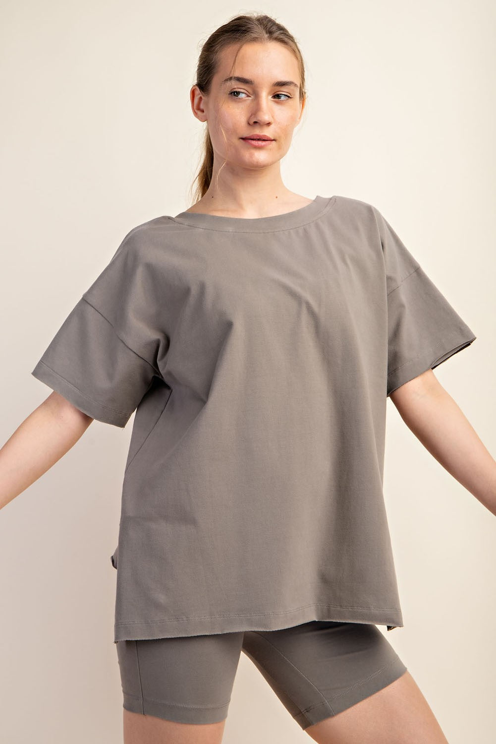 Olive Oversized V-Neck Side Slit Tee