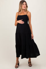 Black Tiered Cutout Tie Back Maternity Midi Dress