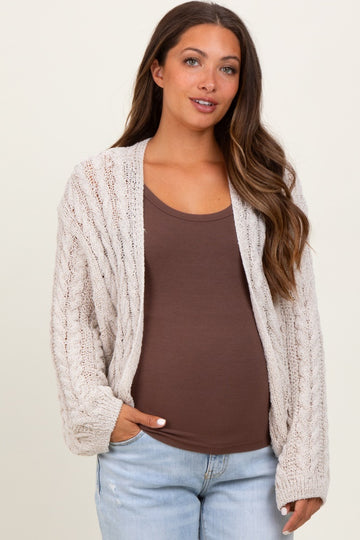 Beige Cable Knit Maternity Open Cardigan
