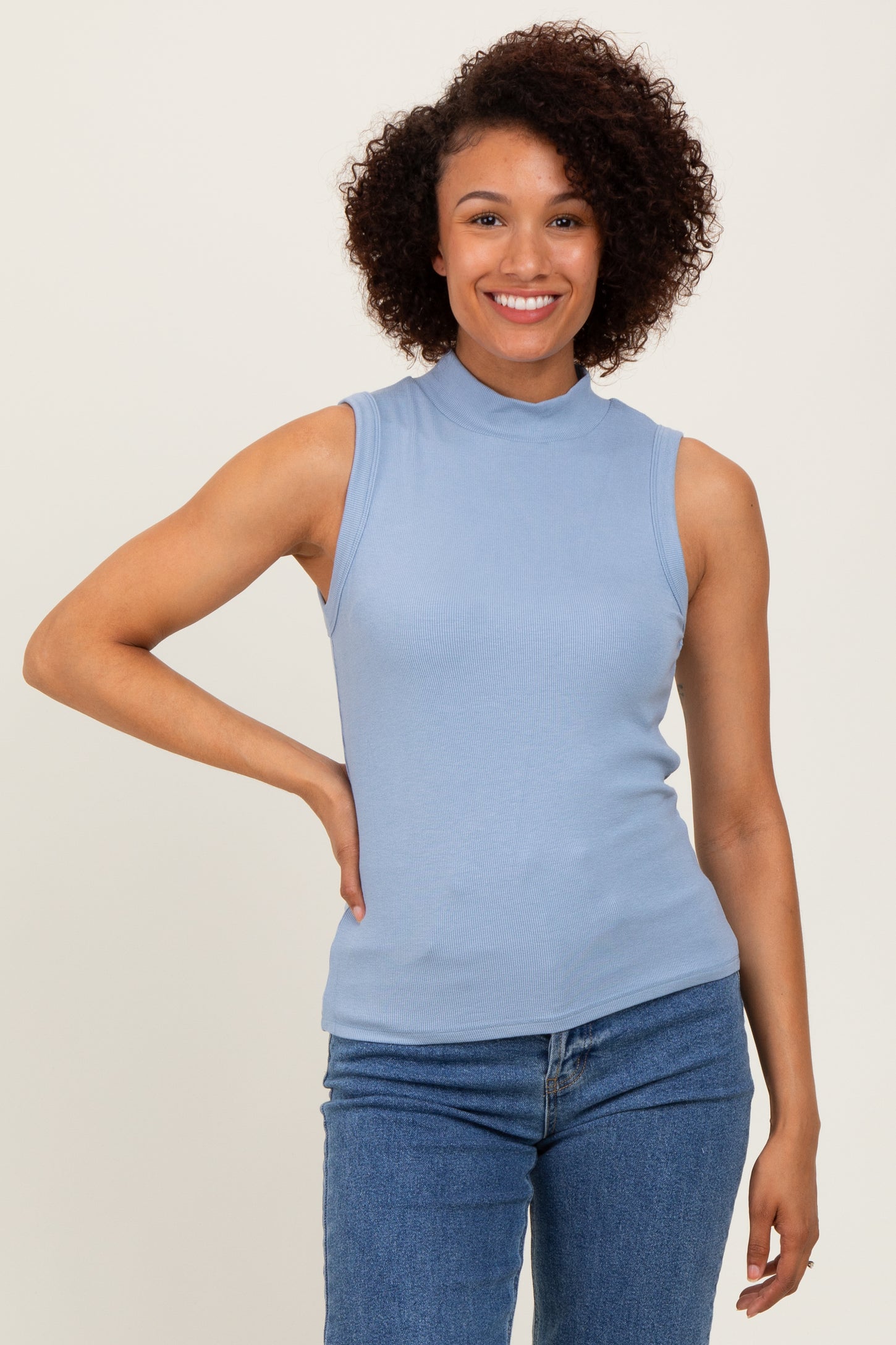 Blue Knit Mock Neck Sleeveless Top