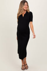 Black Ribbed Knit Button Up Maternity Midi Dress