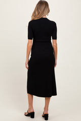 Black Ribbed Knit Button Up Maternity Midi Dress