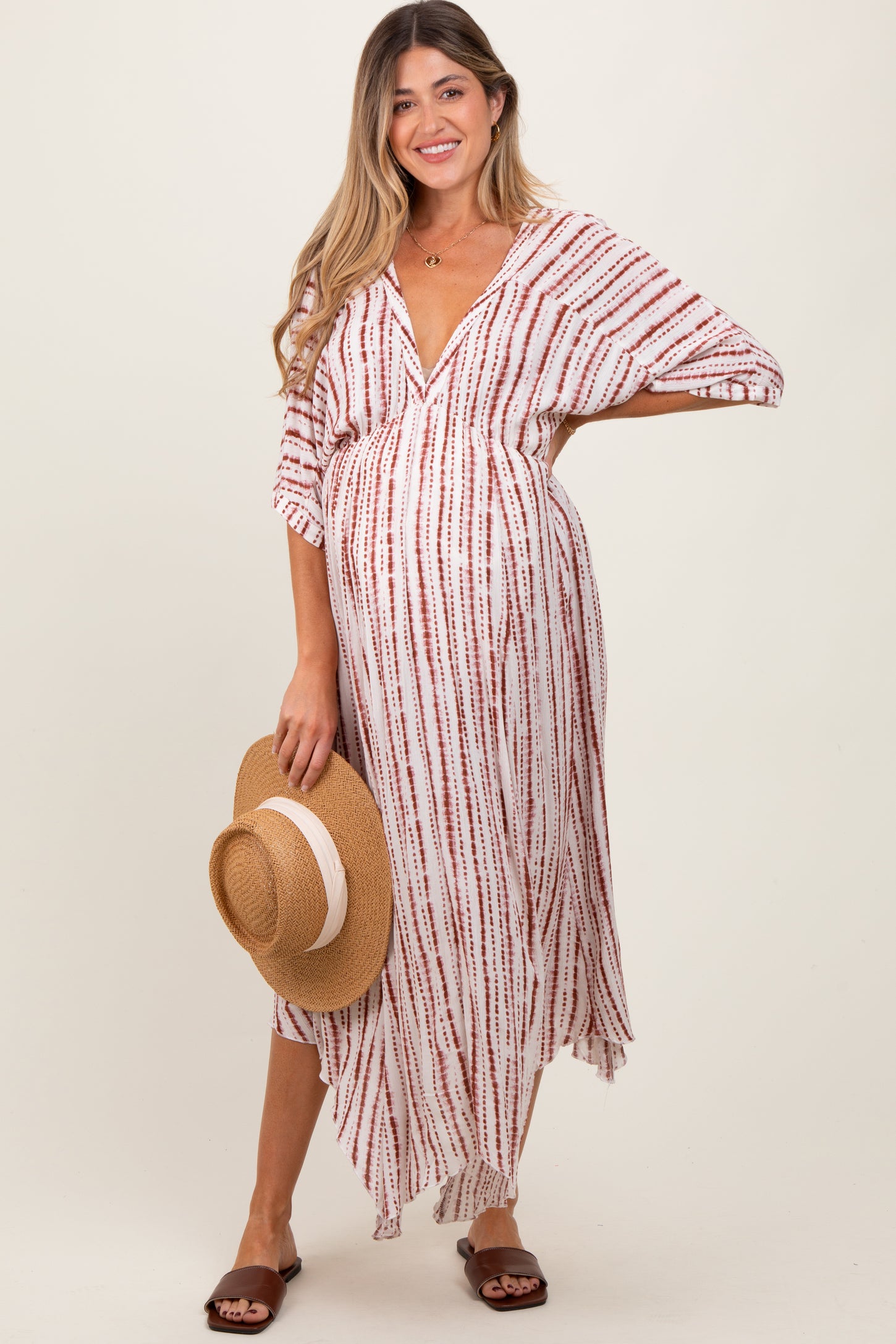 Rust Printed Deep V-Neck Maternity Midi Dress