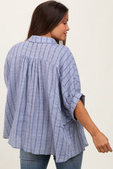 Blue Striped Collared Oversized Maternity Top