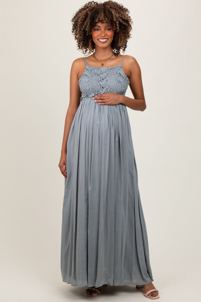 Grey Lace Bodice Cutout Tie Back Maternity Maxi Dress