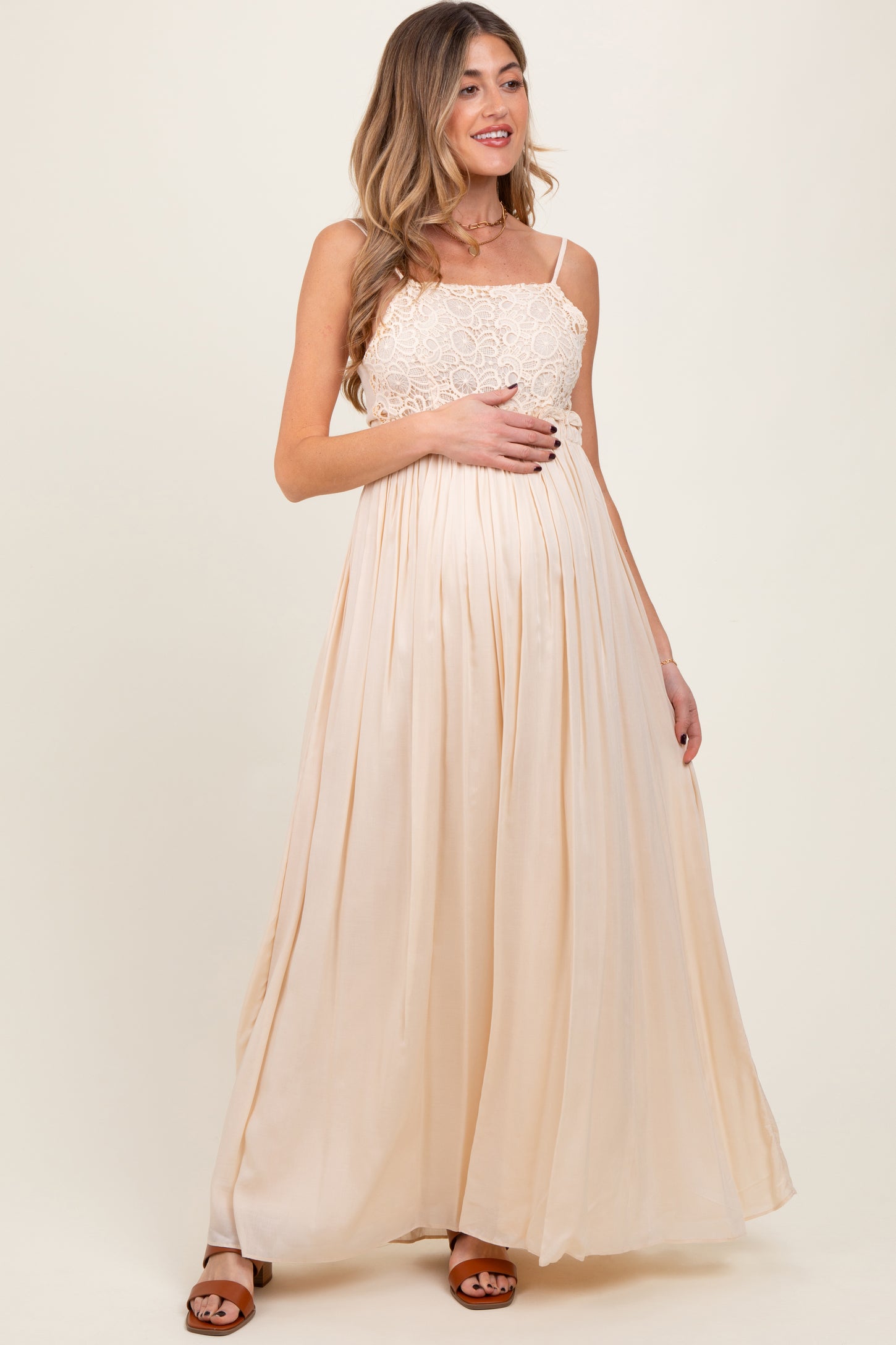 Beige Lace Bodice Cutout Tie Back Maternity Maxi Dress