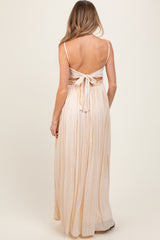 Beige Lace Bodice Cutout Tie Back Maternity Maxi Dress