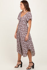 Brown Floral Ruched Tie Front Midi Dress
