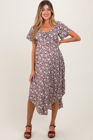 Brown Floral Ruched Tie Front Maternity Midi Dress