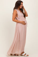 Light Pink Deep V-Neck Sleeveless Button Down Maternity Maxi Dress