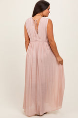 Light Pink Deep V-Neck Sleeveless Button Down Maternity Maxi Dress