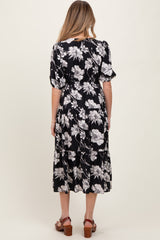 Black Floral Tie Front Tiered Maternity Midi Dress