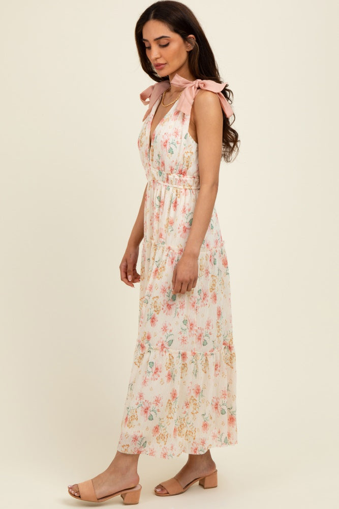 Cream Floral Shoulder Tie Deep V-Neck Tiered Maxi Dress