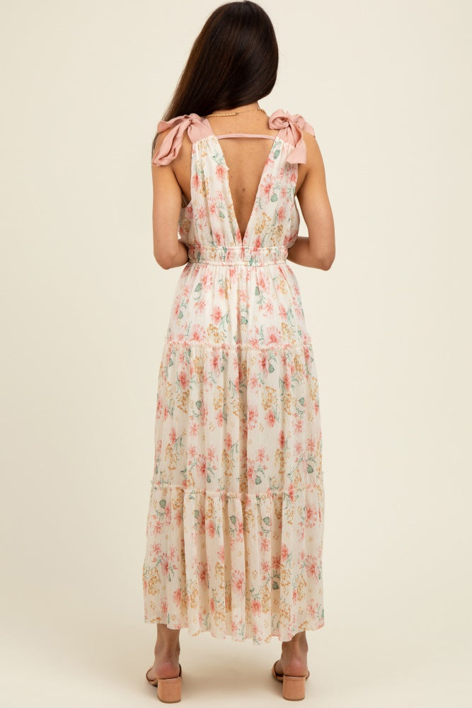 Cream Floral Shoulder Tie Deep V-Neck Tiered Maxi Dress