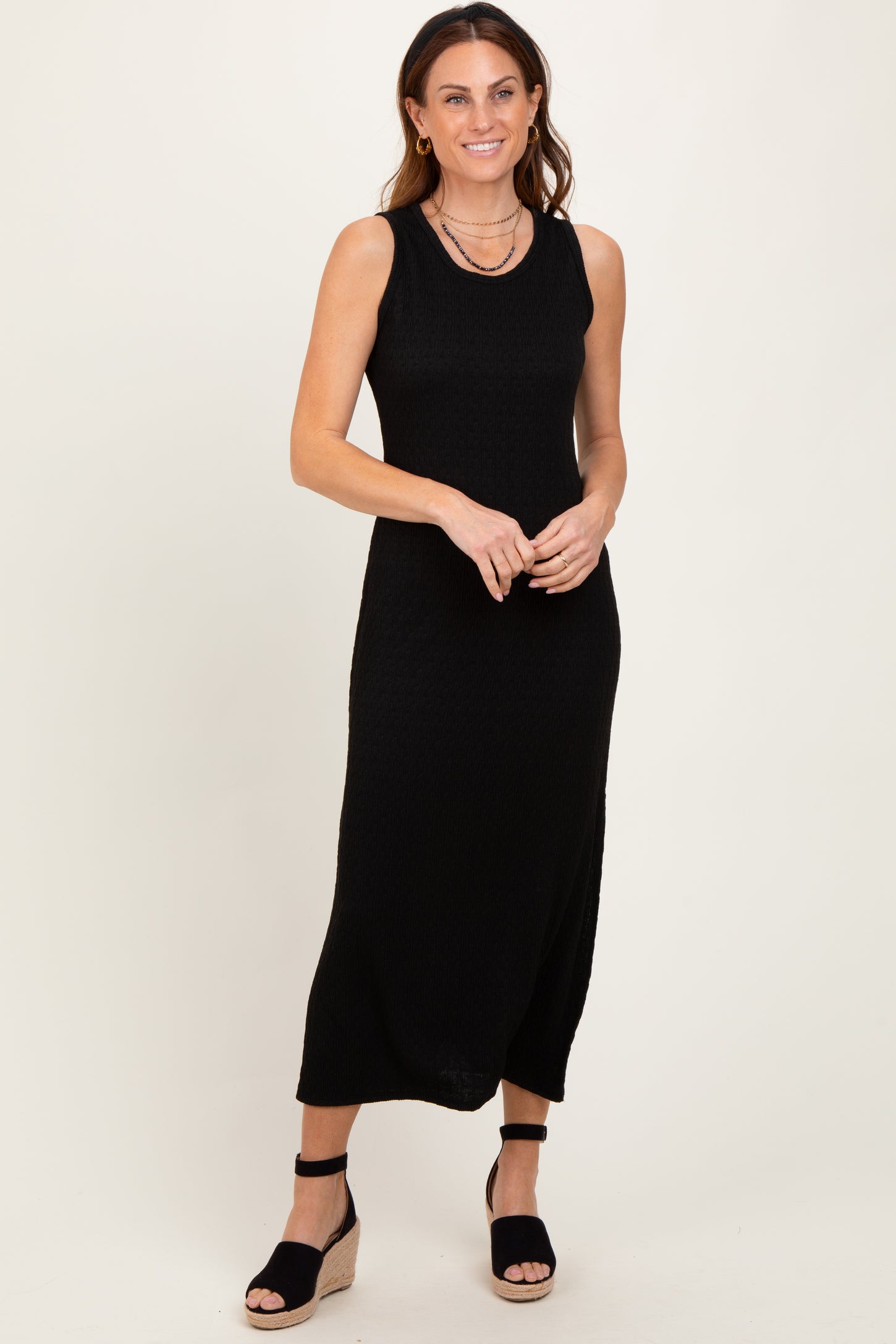 Black Jacquard Sleeveless Side Slit Midi Dress