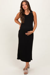 Black Jacquard Sleeveless Side Slit Maternity Midi Dress