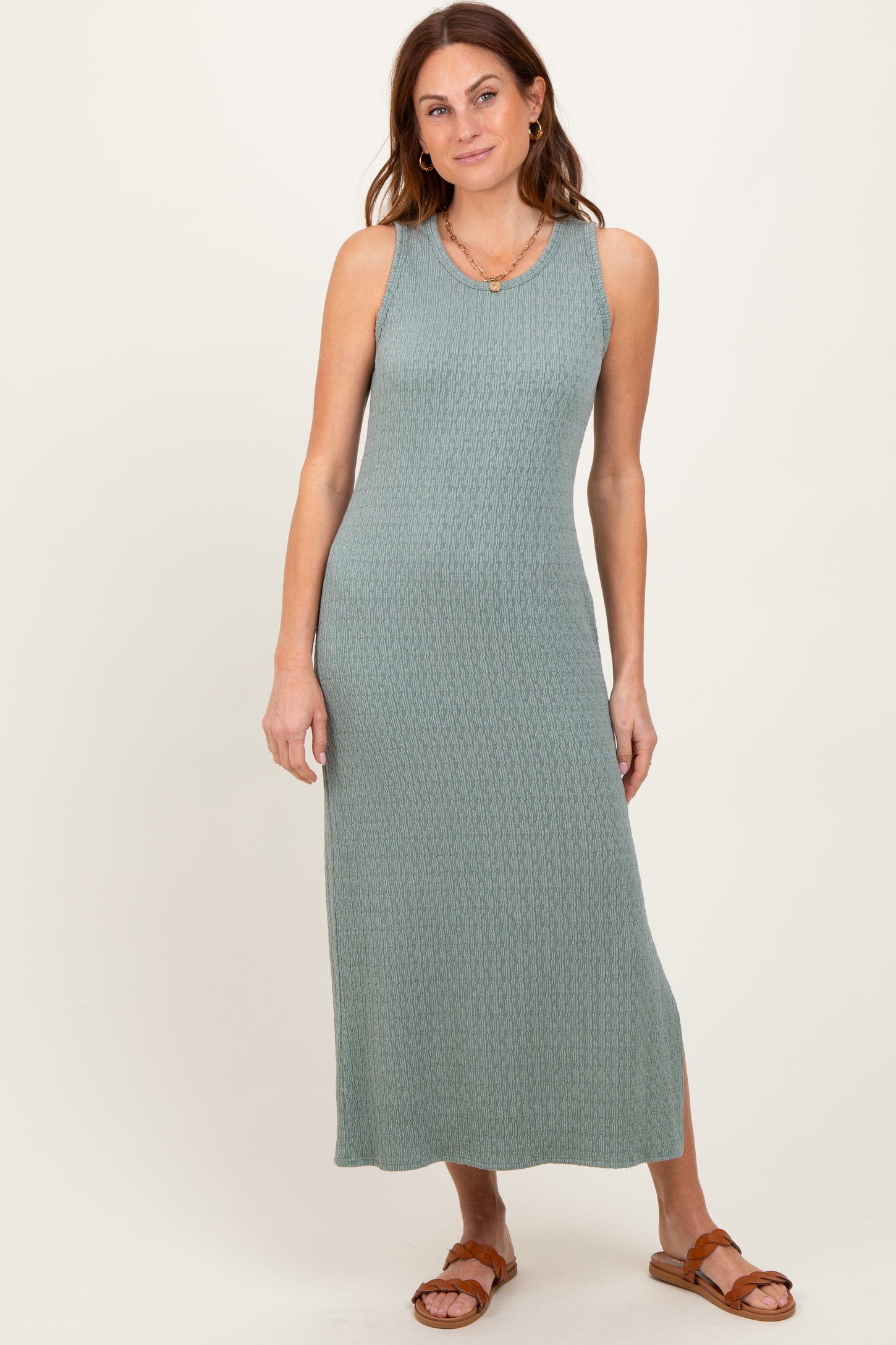 Green Jacquard Sleeveless Side Slit Maternity Midi Dress