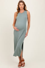 Green Jacquard Sleeveless Side Slit Maternity Midi Dress