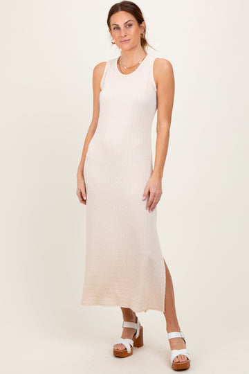 Cream Jacquard Sleeveless Side Slit Midi Dress