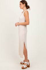 Cream Jacquard Sleeveless Side Slit Midi Dress