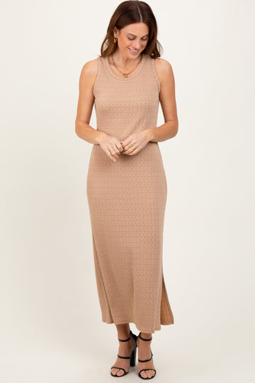 Light Taupe Jacquard Sleeveless Side Slit Midi Dress