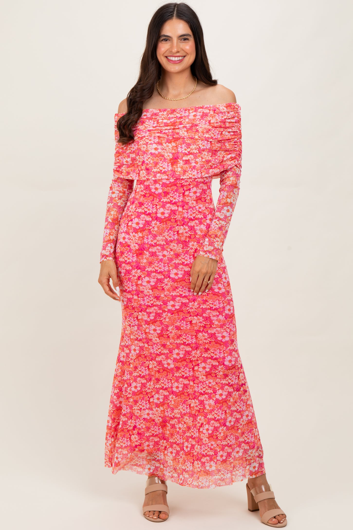 Pink Floral Mesh Off Shoulder Long Sleeve Maternity Maxi Dress